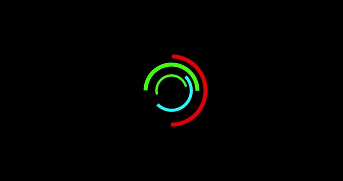 Abstract concentric circles rotating on black background with red green cyan segments futuristic technology high quality commercial use isolated