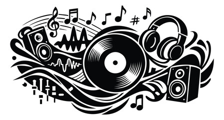 Obraz premium Graphic audio elements set featuring a vinyl record, headphones, and speakers for sound and entertainment concepts
