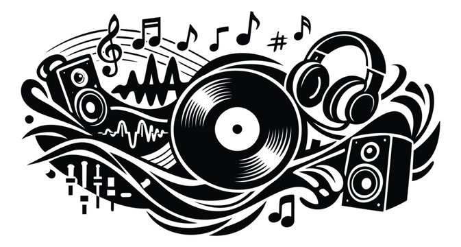 Graphic audio elements set featuring a vinyl record, headphones, and speakers for sound and entertainment concepts