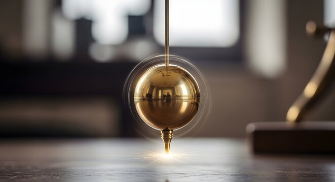 A golden pendulum oscillates with rhythmic grace, a visual metaphor for the steady flow of time and the hypnotic pull of deep concentration, balancing momentum and absolute stillness
