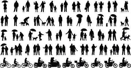    Human activity silhouettes collection, walking, standing, holding hands, umbrellas, dogs, children, bicycles, motorcycles, lifestyle illustration design concept © Roisul