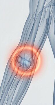 Medical illustration of human elbow joint with pain indication