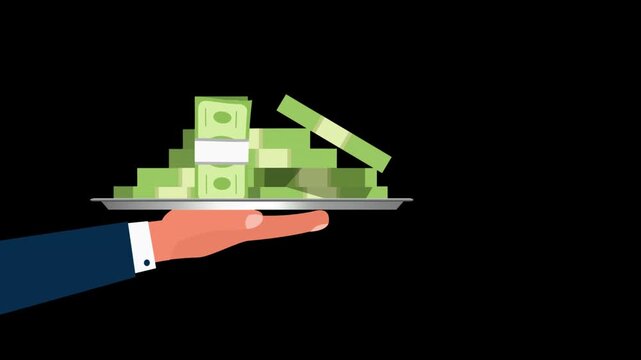 hand holding tray with stack of money on a transparent background