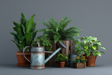 Obraz premium Potted green houseplants with rustic watering cans and wooden crates on isolated background