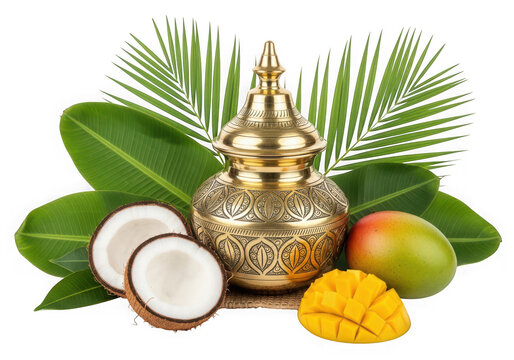 Elegant Brass Kalasam with Coconuts, Mango, and Palm Leaves