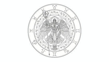 Astrological Zodiac Wheel with Angelic Figure and Celestial Symbols