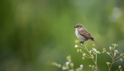 Obraz premium Sparrow perched on branch and sitting on grass in garden