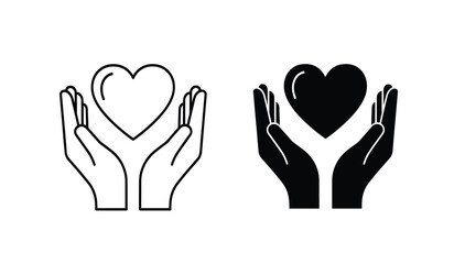 Obraz premium Vector illustration of hands holding hearts in black and white line art style for love and care symbol