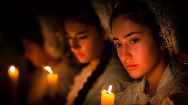 Virgen del Carmen Festival, Young Women Holding Candles in Prayer During Virgen del Carmen Night Procession
