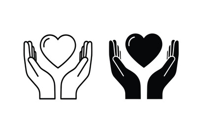 Obraz premium Black and white hand holding heart icons in line art style for love and care symbols