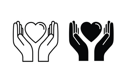 Obraz premium Black and white line art of hands holding hearts symbolizing love and care on a pure