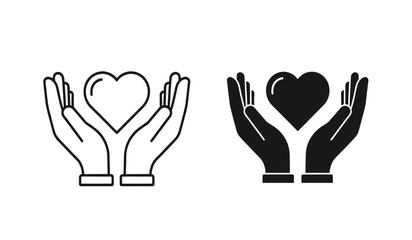Obraz premium Black and white line art icons of hands holding hearts in different colors