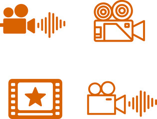 Set of Four Orange Video and Audio Icons Featuring Cameras, Film Reels, and Sound Waves