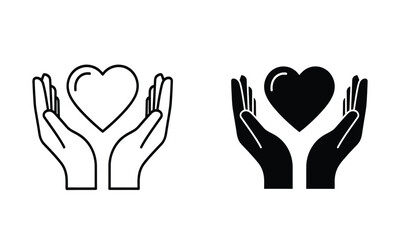 Obraz premium Black and white hand holding heart icons in line art and solid fill styles for love and care concepts