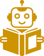 A cute golden robot with headphones happily reading an open book with a white page