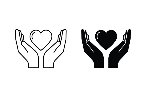 Black and white line art of two hands holding a heart symbol