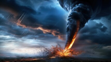 Obraz premium Dramatic Tornado Touching Down with Explosive Energy and Dark Storm Clouds Above