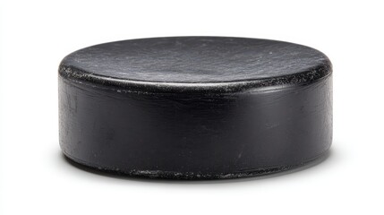 Close-up studio shot of a black ice hockey puck isolated on a white background