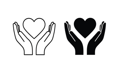 Obraz premium Black and white line icons of hands holding heart shapes in a symbolic gesture of love and care