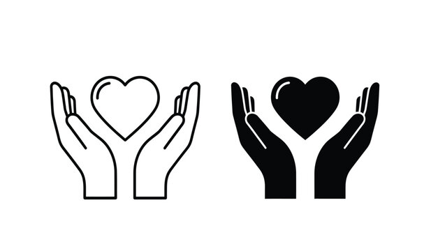 Vector illustration of hands holding heart icons in black and white