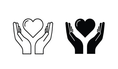 Obraz premium Black and white hand holding heart icons in line art and solid style for charity or love concepts