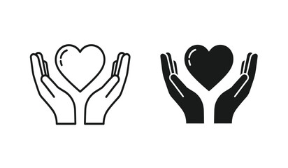 Obraz premium Black and white hand holding heart symbols in line art and solid fill styles