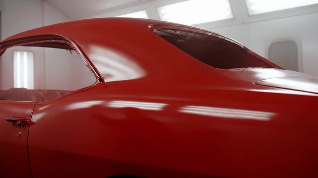 Close-up of a classic vehicle's sleek red body undergoing a fresh paint application in an automotive spray booth, highlighting the glossy finish and detailed restoration process