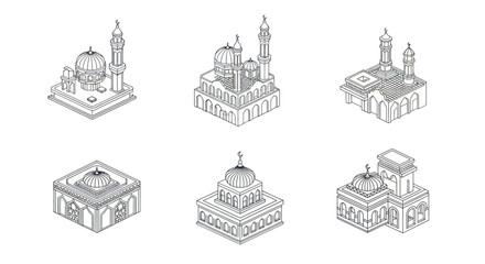 Naklejka premium Set of six isometric Mosques outline architectural drawings with domes and minarets for Islamic culture and religion design projects