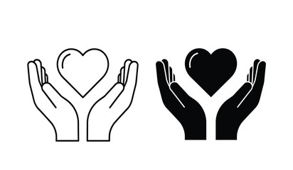Obraz premium Vector illustration of hands holding hearts in black and white