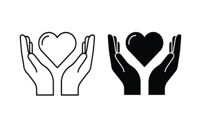 Obraz premium Black and white hand holding heart icons in line art and solid style for love and care concepts