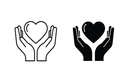 Obraz premium Black and white hand holding heart icons in line art and solid style for love and care concepts