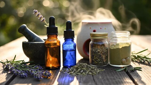 Still life of herbal remedies on a rustic wooden table with mortar and pestle, bottles, and jars in a natural outdoor setting with warm lighting.