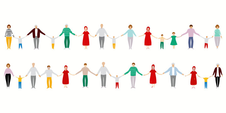 Diverse group of people holding hands in two lines symbolizing unity