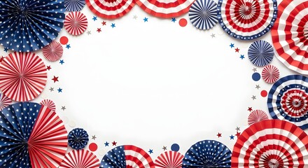 Obraz premium Vibrant red white and blue fireworks border with star decorations isolated on white background for 4th of july celebrations