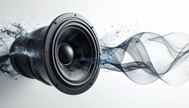 Speaker with sound waves emanating from it on white background.