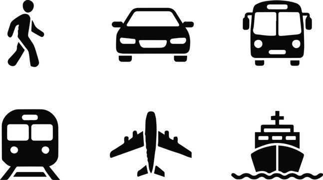 transportation icons set pedestrian car bus train airplane ship vector