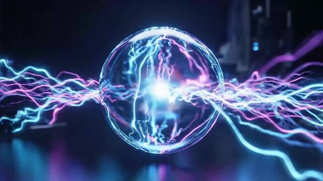 Close-up of a glowing energy sphere with vibrant electrical currents pulsating around intricate dynamic patterns creating a futuristic scientific and visual effects background