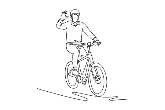 a man sitting on an e-bike, driving and waving. Bike to work concept. Single line draw design. Vector graphic illustration