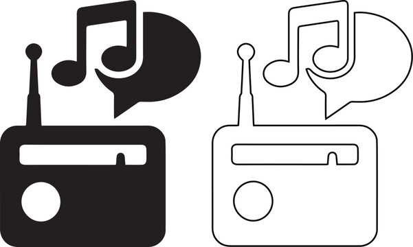 Vector icon set of a vintage radio receiver with musical notes in a speech bubble, depicted in solid and outline styles, symbolizing music broadcasting, audio media, and entertainment.