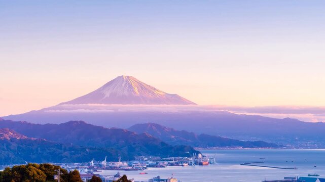 早朝の日本平から望む富士山　ドローンイメージ