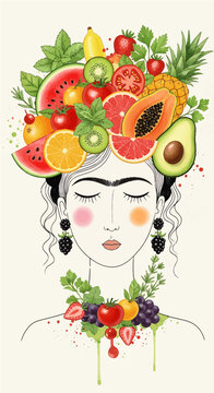 Stylized illustration of a woman with a vibrant crown and necklace made of various fresh fruits and green leaves, depicting a healthy and natural theme.