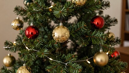 Fototapeta premium Close up of christmas tree with gold and red ornaments and lights