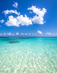 A vibrant seascape showcases crystalline turquoise water merging with the horizon under a bright blue sky filled with fluffy white clouds