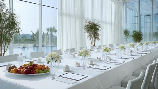 Minimalist bilateral meeting space emphasizing open layouts natural light and subtle decor to foster clarity and effective communication between international delegates.