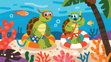 Illustration Of A Sea Turtle Wearing A Beach Shirt And A Sling Bag, Casually Snorkeling On A Coral Reef Vector Design Template