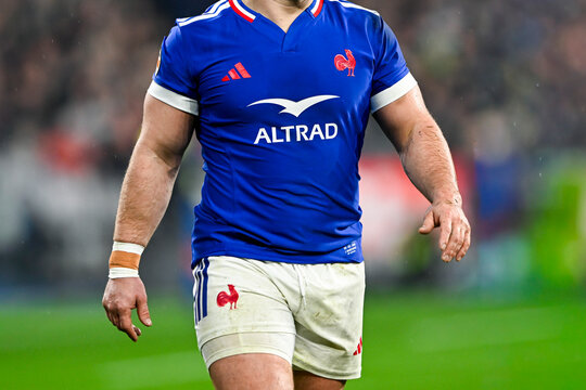 Illustration with the blue jersey of a French player with Altrad logo during a rugby union match. French XV rugby team in competition