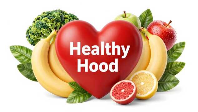 Fruits and vegetables arranged around a red heart for healthy food concept