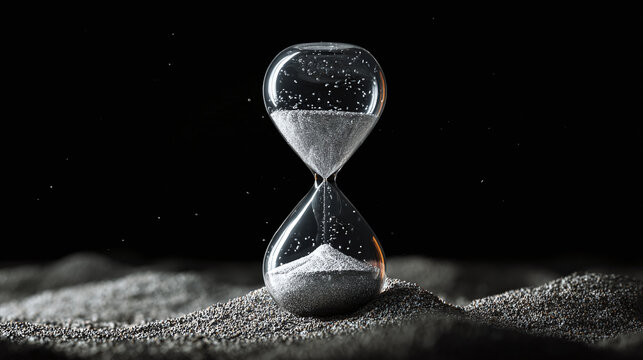 An hourglass with sand flowing against a black background