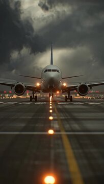 Emergency landing of a commercial airplane on a rain soaked runway during a massive lightning storm