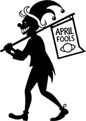 April Fools&rsquo; Day Jester Silhouette Carrying Sign Vector Illustration